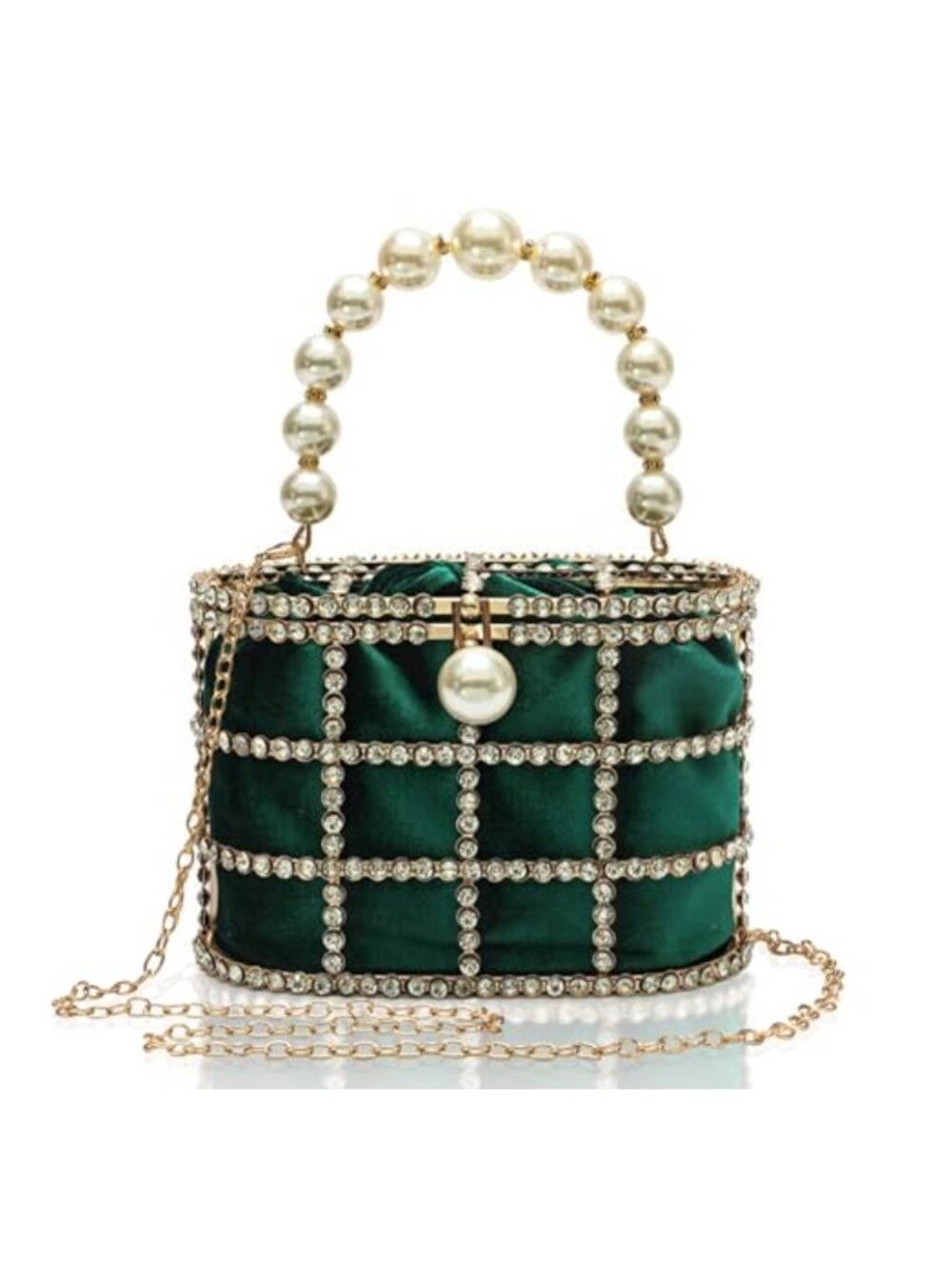 Evening Clutch Purse with Pearl Handle & Crystal Cage Frame for Wedding Prom